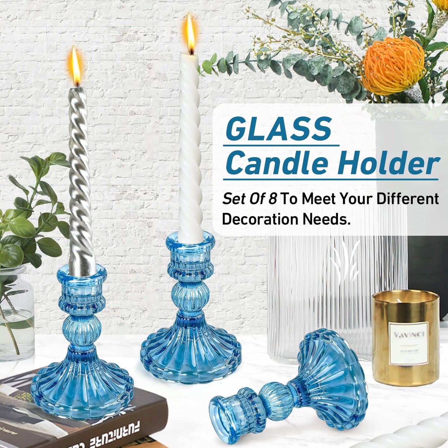 Blue Glass Candlestick Holders,Set of 8 Include Taper Candle Holders and Stripe Candle Holders,Two Style for Formal Events, Wedding, Festival,Church, Party & Festival Decoration