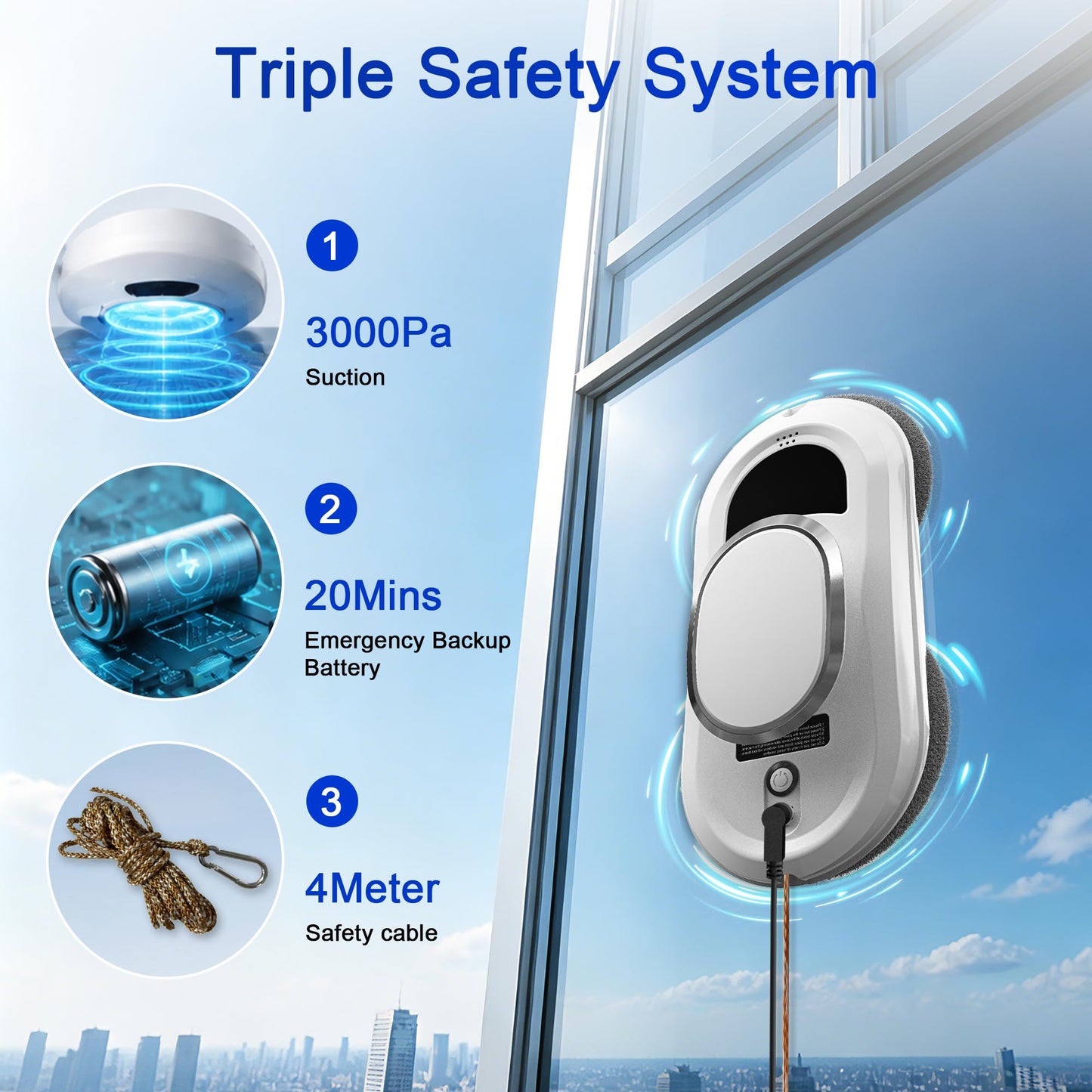 EAEGE Automatic Window Cleaning Robot, Smart Robot Window Cleaner Inside/Outside, 3000Pa Suction, Intelligent Path Planning, Remote Control for high Glass, Shower, Mirror with 10 Rags(White)