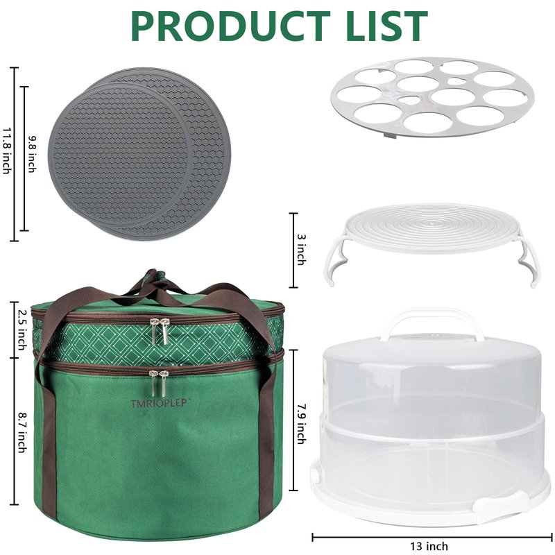 Tmrioplep 12 Inch Cake carrier Container with Lid and Handles Includes Insulated Bag for Safe Transportation of Buttercream Doesn't Melt Easy for Cakes, Pies and Cupcakes (Green)