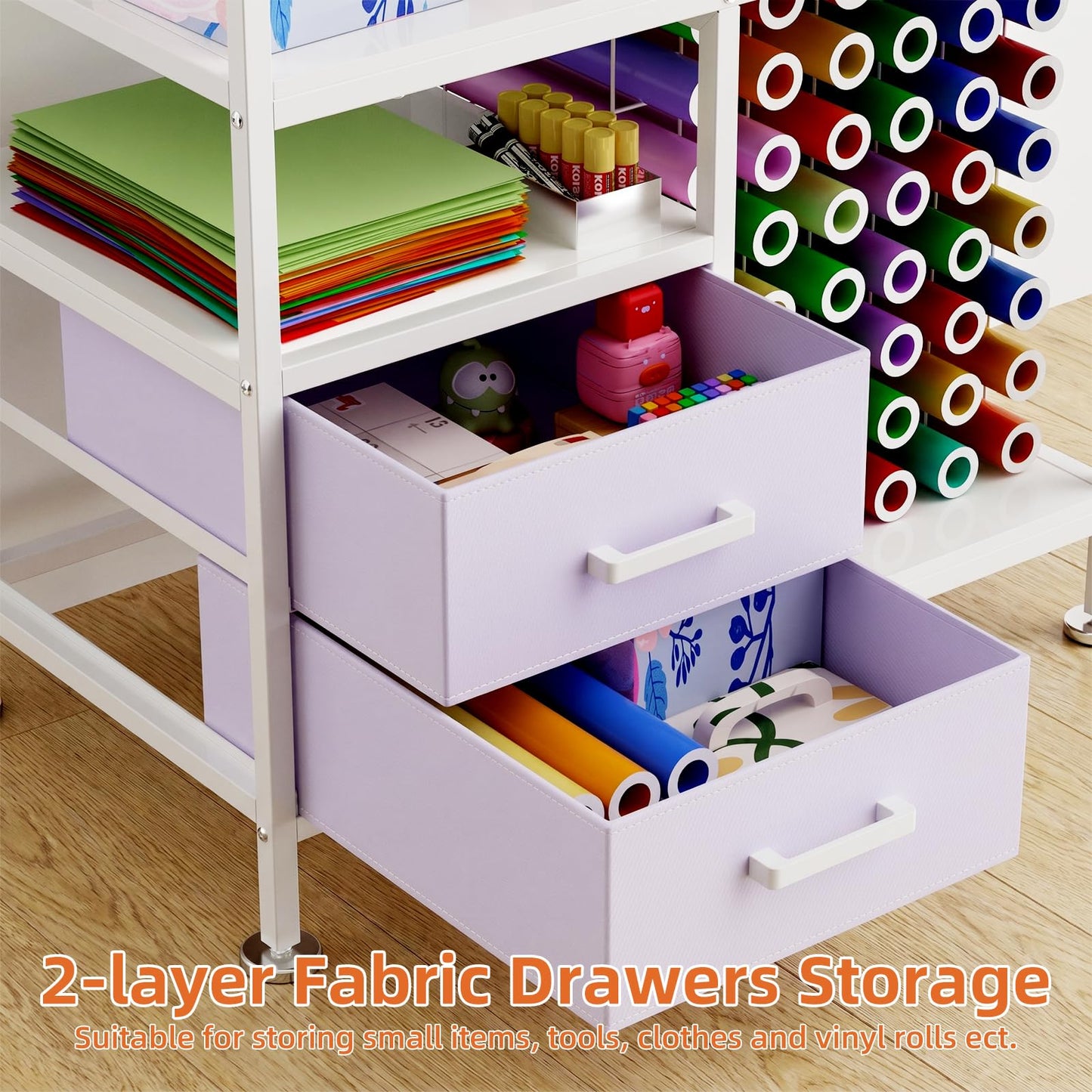KEIKI Large Foldable Heat Press Table with Storage and Pegboard, Rolling Heat Press Stand with Vinyl Holder and Drawer, Heavy Duty Metal Craft Workbench for Sublimation Transfer, White
