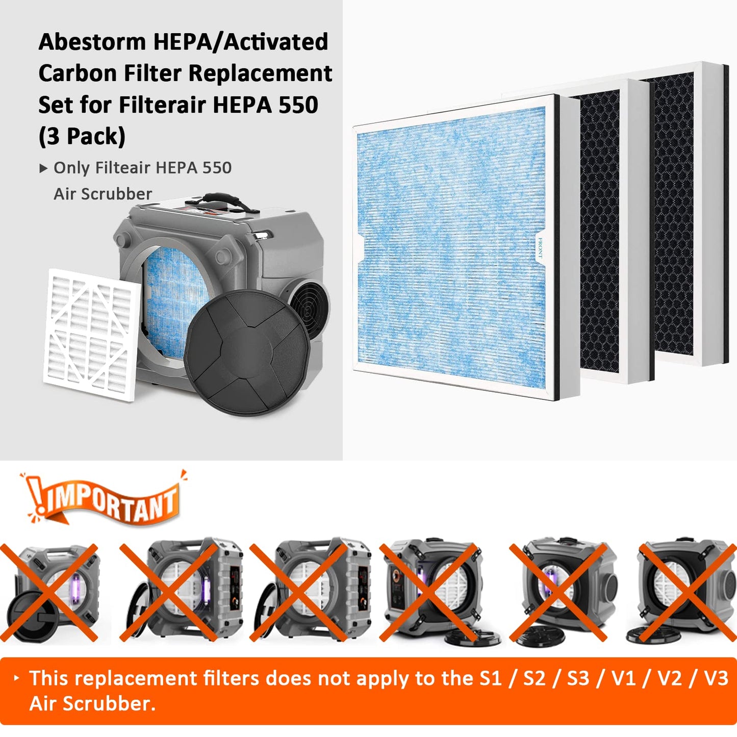 Abestorm HEPA/Activated Carbon Filter Replacement Set for Filterair HEPA 550 (3 Pack)