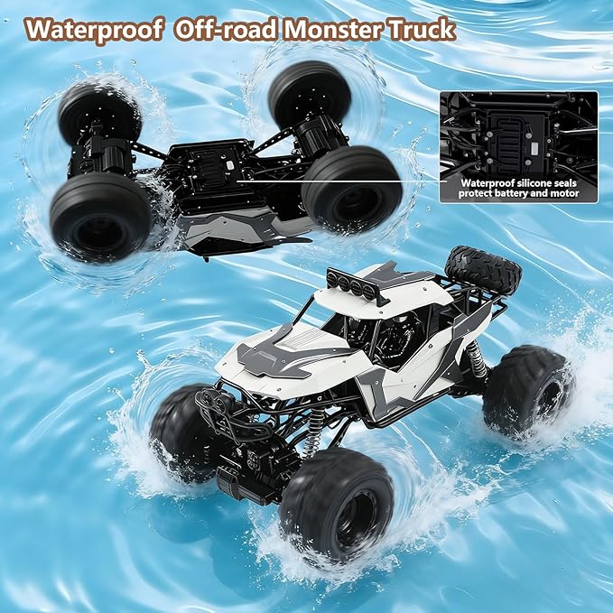 1:8 Large Amphibious RC Car – 4WD Waterproof Monster Truck Drives on Water &amp Land All Terrain Remote Control Truck with LED Lights Toy for Kids 3 Years and Up