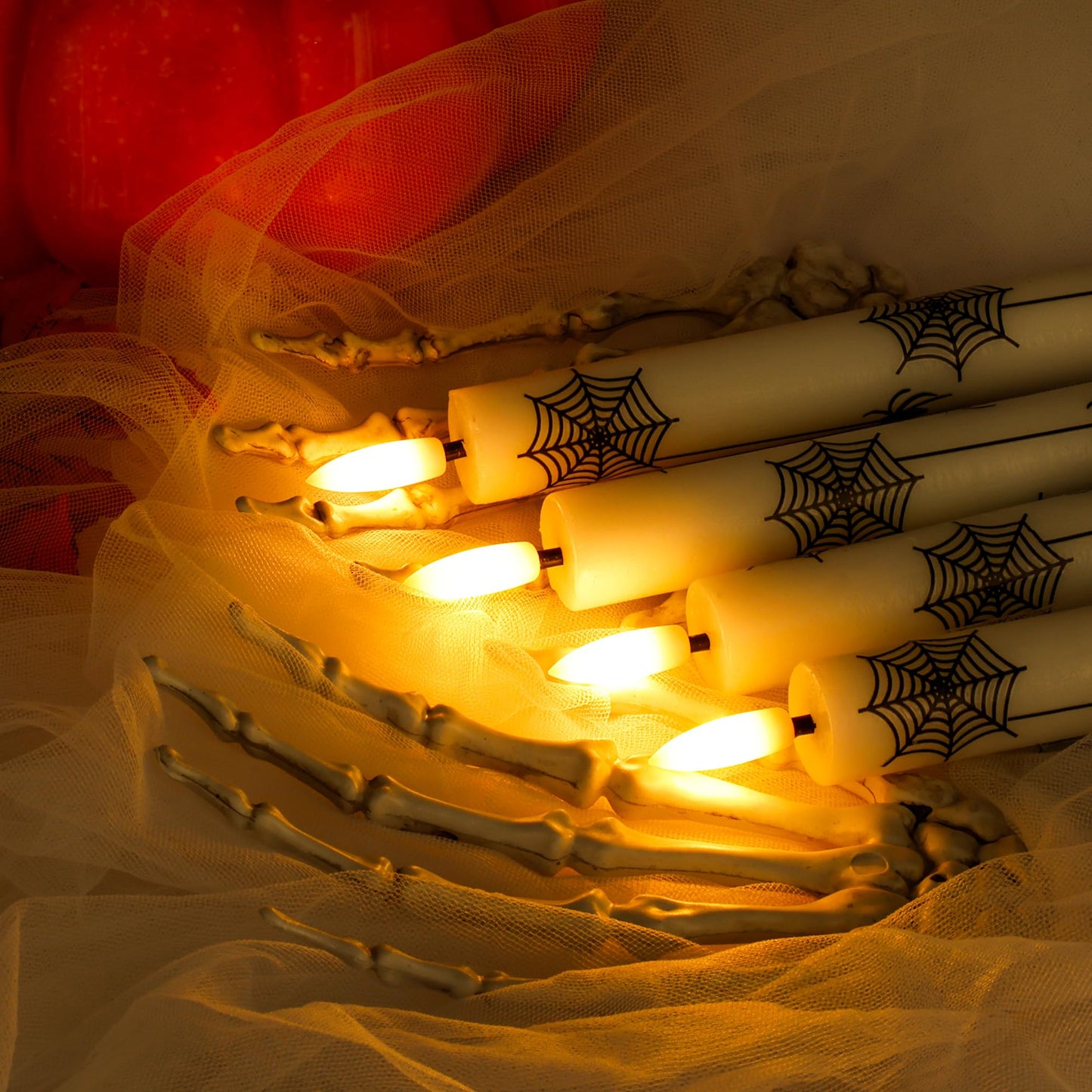 SEHNSY Halloween Flameless Taper Candles with Remote and Timer, 4 Pack Spider and Web Battery Operated LED Flickering Real Wax Candles, Spooky Decor for Halloween Table and Mantel