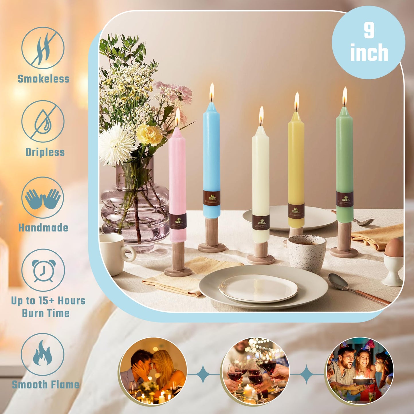 Blue Taper Candles 9 inch - 4 Pack Fat Candle Taper Candles Dripless, Smokeless, Unscented Hand Poured Tall Candlesticks - Perfect for Home Decor, Weddings, and Special Occasions