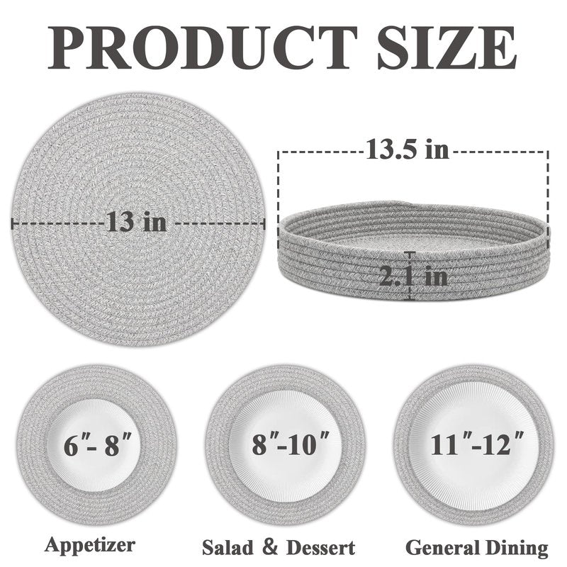 Round Placemats Set of 6 with Holder, Cotton Rope Woven Place Mats, Hot Pads for Kitchen, Heat Resistant Table Mats, 13 Inch Farmhouse Washable Braided Placemat for Kitchen Decor (Gray)