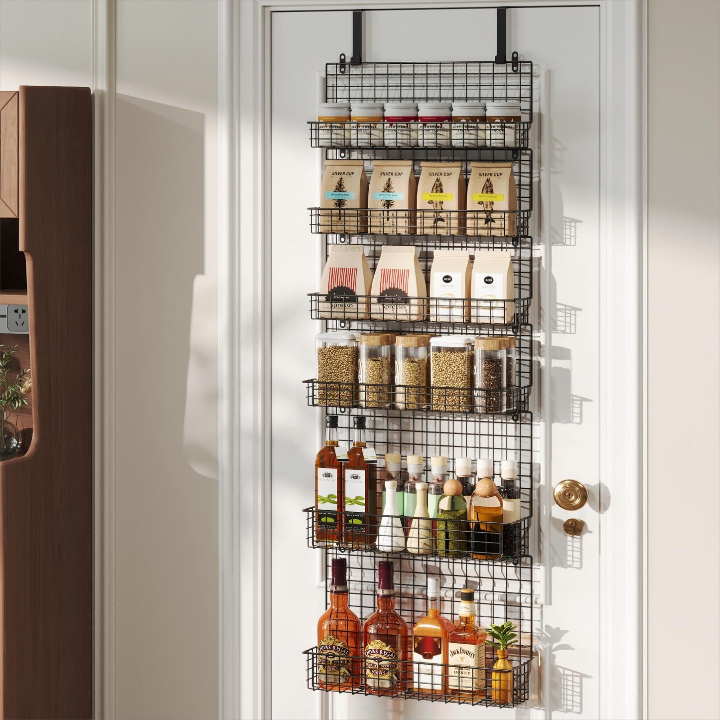 JKsmart 6-Tier Spice Rack Organizer with Door Hook, Wall Mounted & Over the Door Spice Racks for Kitchen Pantry Door Cabinet, Two Size, Large Capacity, Black