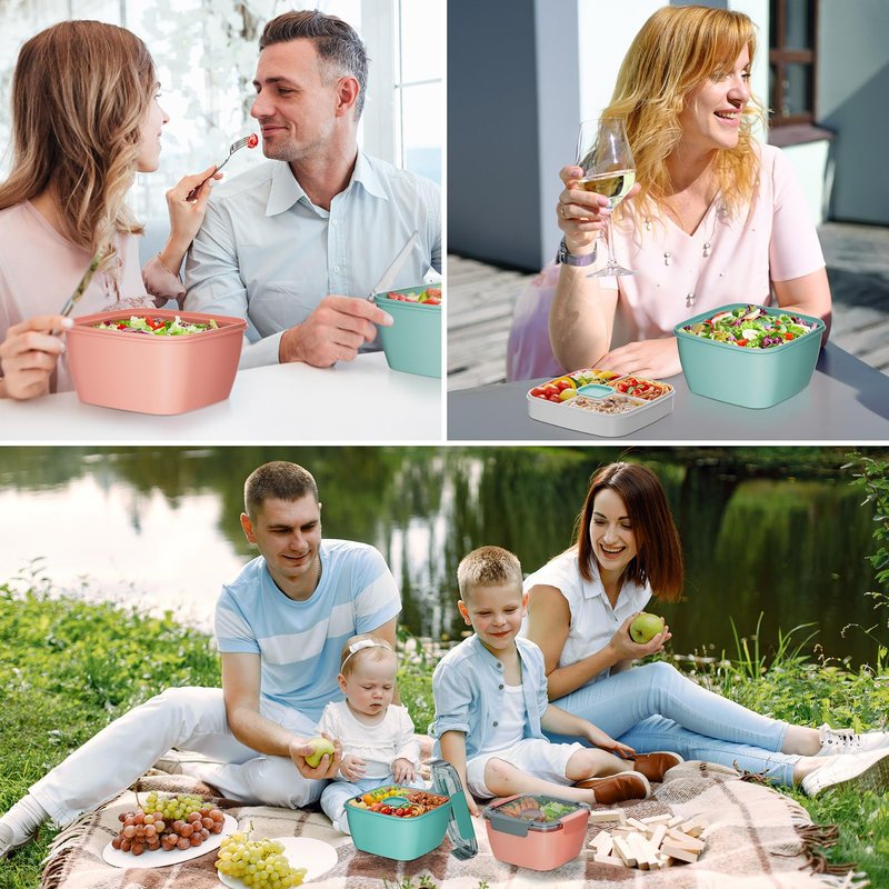Cherrysea Salad Lunch Container, 2Pack Salad Bowls with 4Compartments Tray, Leak Proof Lunch Box with Fork for Men,Women BPA-Free Snack Container with Sauce Container for Dressings - Blue/Pink