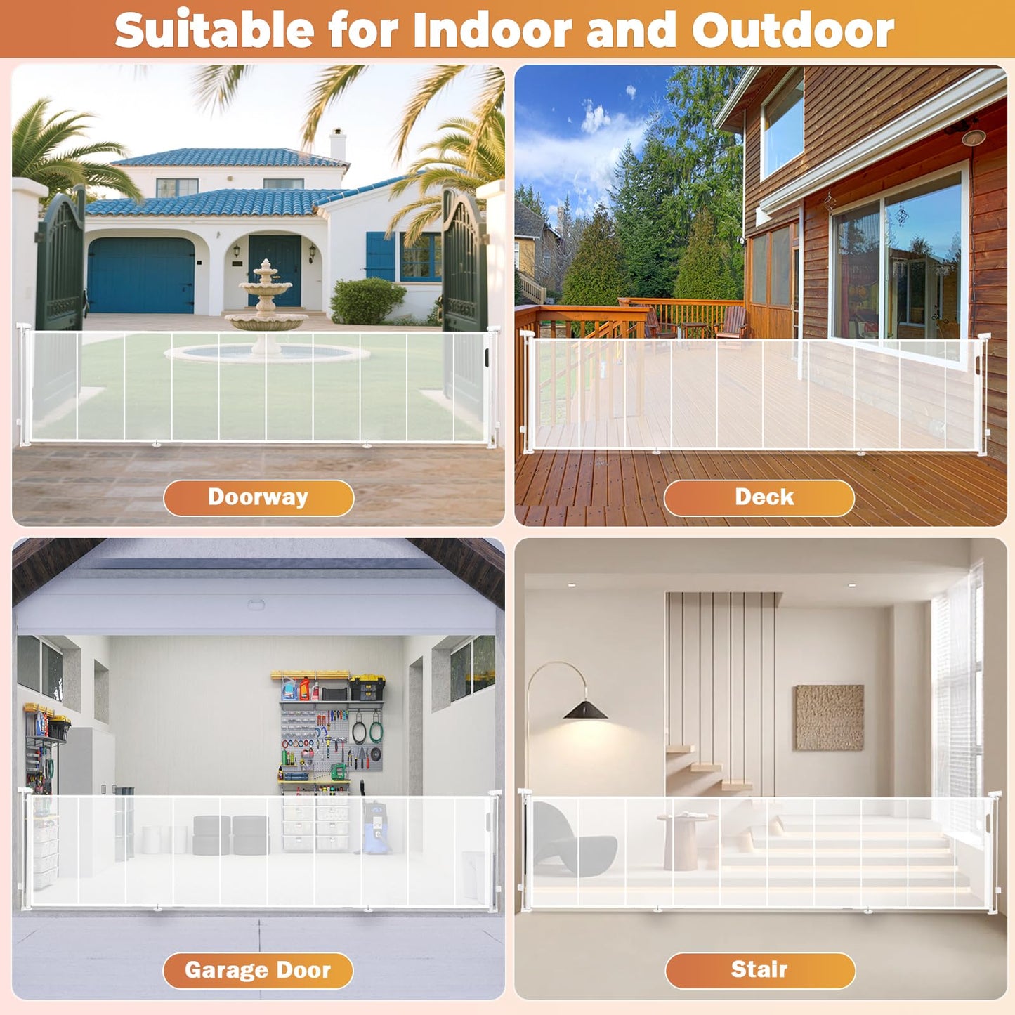 236" Retractable Baby Gates Dog Gate Extra Wide, 42" Tall Child Pet Safety Gate with Reinforced Strips for Stairs, Long Mesh Garage Gates Fence for Outdoor Indoor Large Openings Driveway Decks Patio
