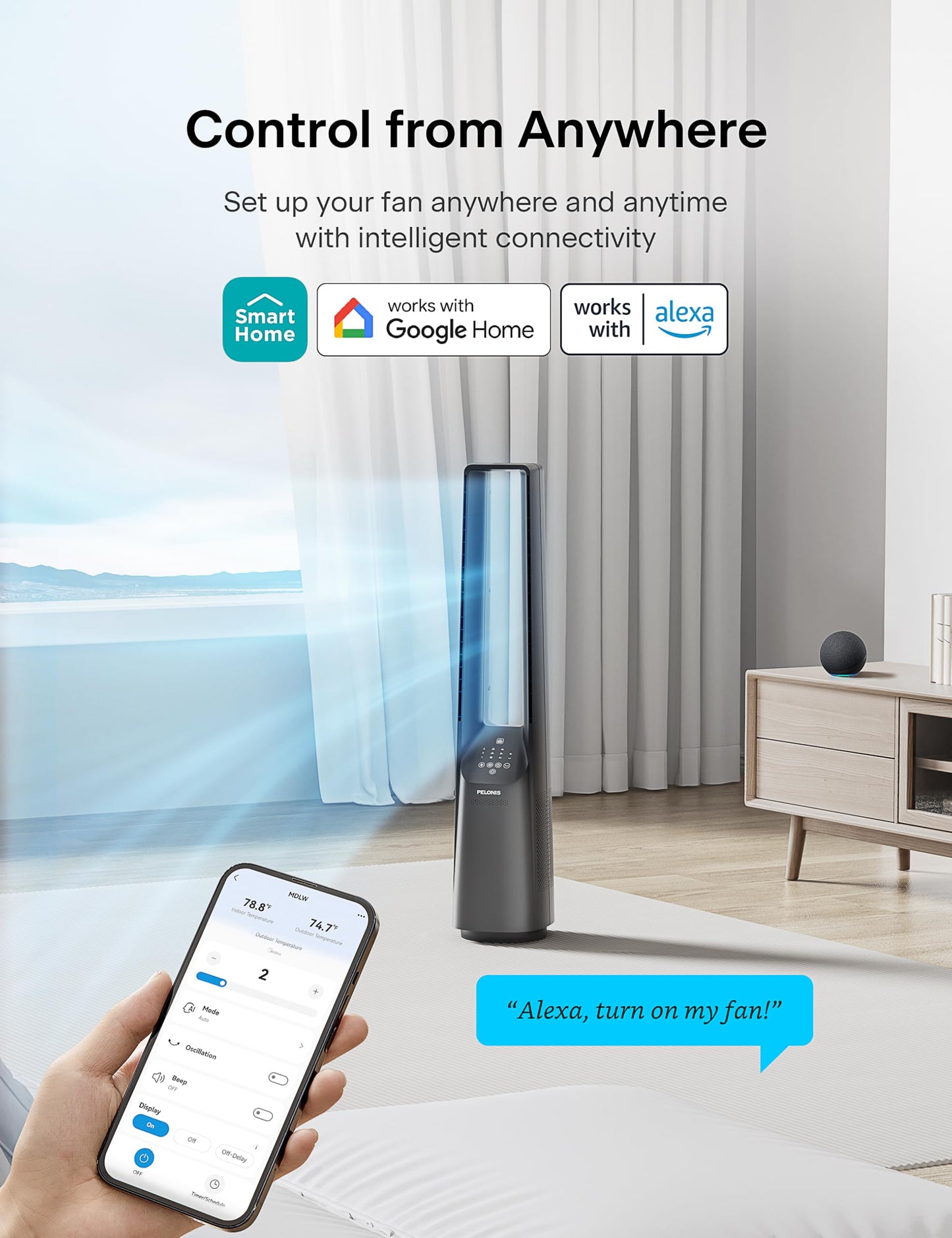 PELONIS 40" Smart Bladeless Fan for Bedrrom - Tower Fan, Alexa/Google/WiFi, DC Motor, 6 Speeds, 4 Modes, Remote, 7H Timer, 90° Oscillation, Safe for Home and Office