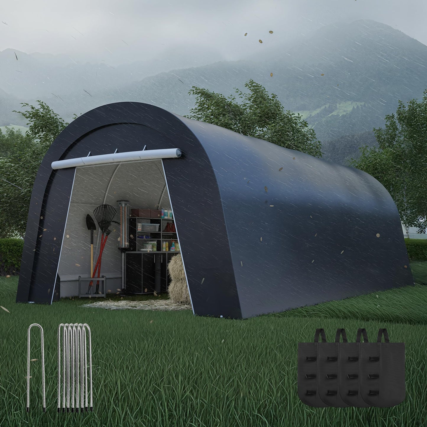 Wisteria Lane Heavy Duty Carport with 4 Cloth Bags, All-Weather Car Canopy with 2 Roll-up Doors, Portable Garage Storage Shelter Shed for Boat, Truck, or Garden Tools, 12' x 25'