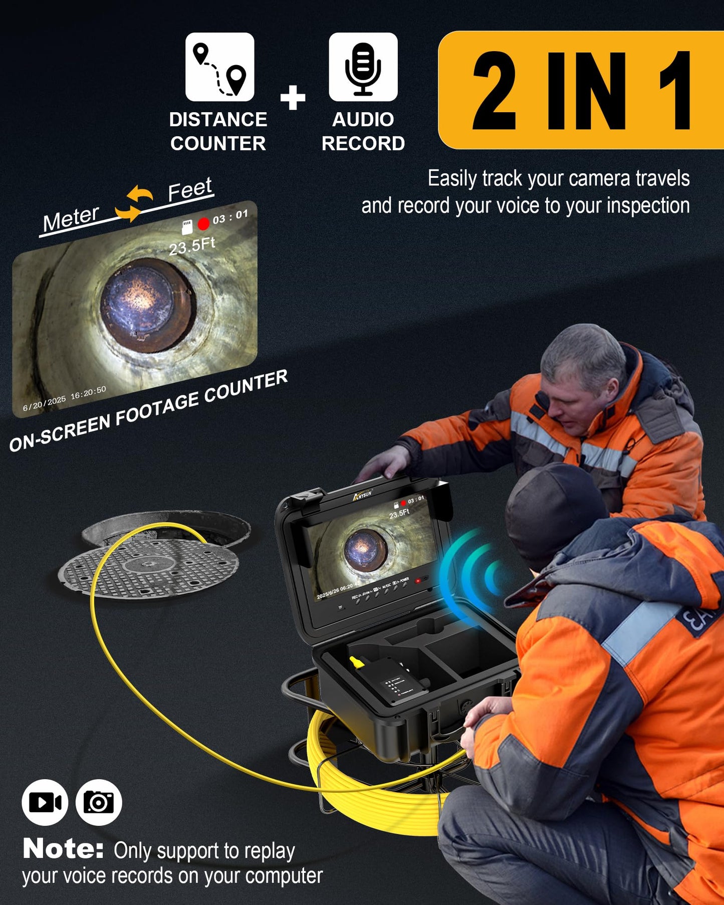 Anysun Sewer Camera with Locator, Self Leveling, Distance Counter, 7MM Thicker Cable, 165Ft/50M Pipe Inspection Cameras with 9'' 1080P Monitor, Video Drain Camera IP68 Industrial Borescope Snake, 32GB