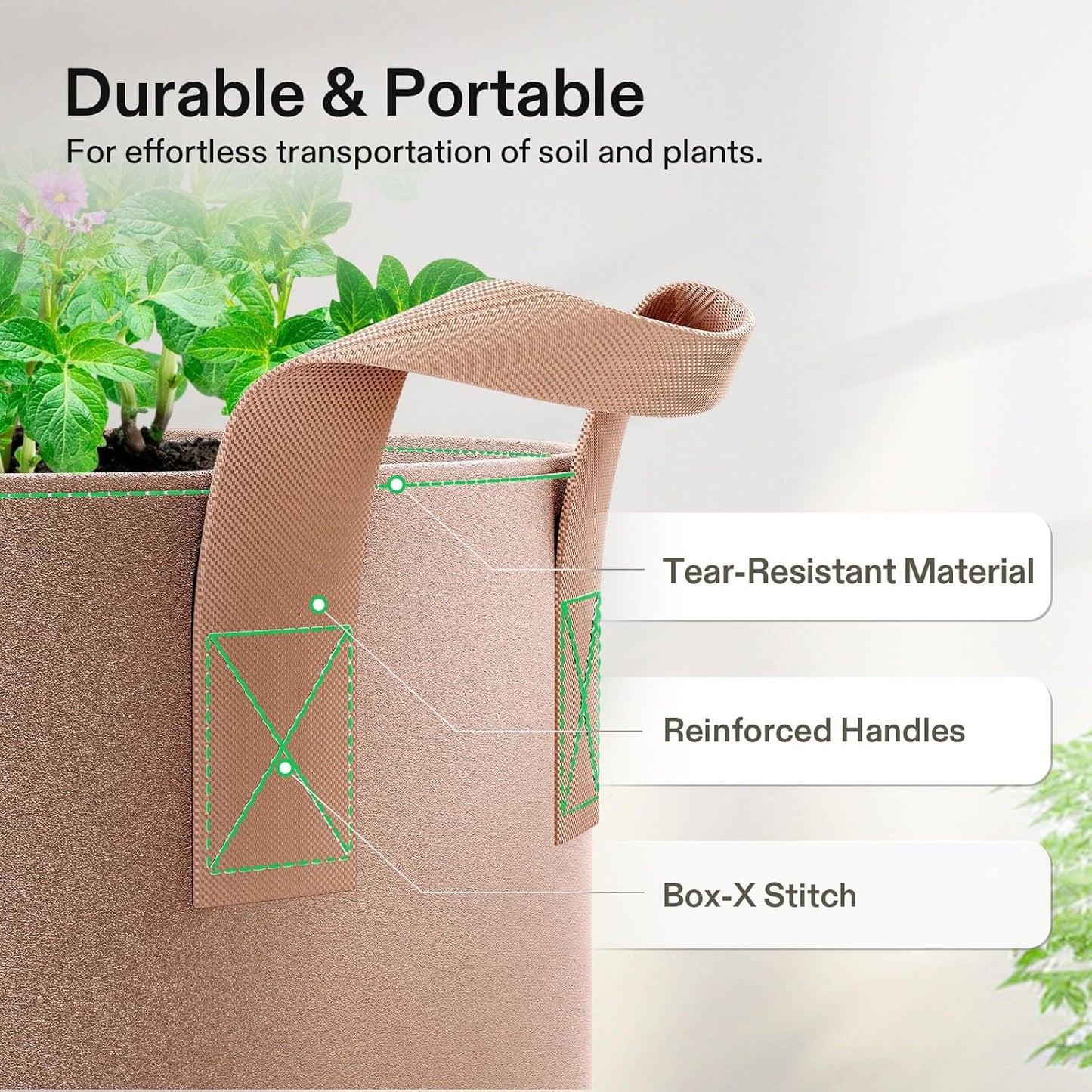 VIVOSUN 5-Pack Heavy Duty 5 Gallon Grow Bags | Thickened Nonwoven Fabric with Strap Handles - Tan