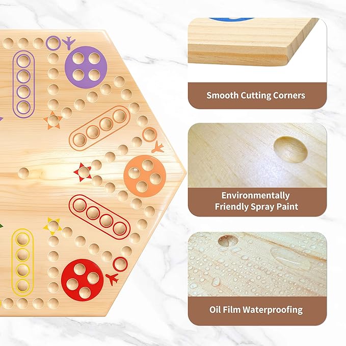 Wooden Wahoo &amp Board Game – Double-Sided Painted Fast Track Game for 4 to 6 Players with 30 Marbles and 6 Dice Ideal for Family Game Night and Friends Gatherings (Wooden)