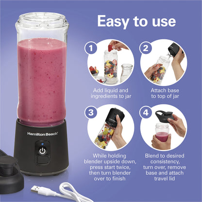 Hamilton Beach Mini Cordless Portable Personal Blender for Shakes and Smoothies, USB Rechargeable, 16 oz. Jar with Leakproof Travel Lid, 6 Stainless Steel Blades, Pink (51181)