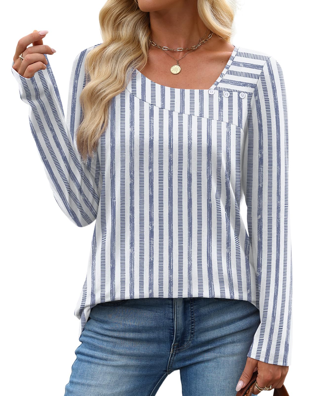 OFEEFAN Long Sleeve Shirts for Women Fall Clothes Asymmetric Square Neck Tunic Tops Decorative Buttons