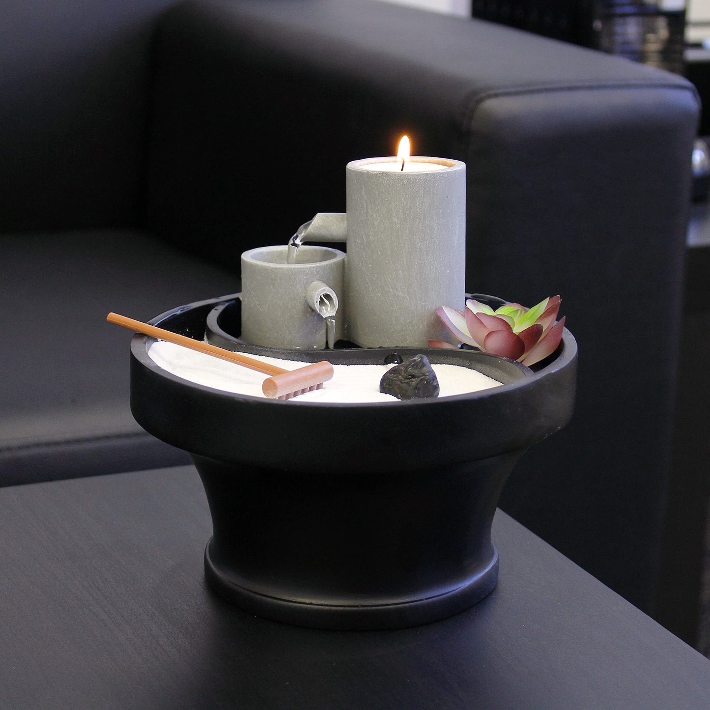 Nature’s Mark Relaxation Indoor Tabletop Water Fountain Zen Garden Combo Décor with Tealight Candle Holder, Succulents, and Accessories (6”H x 7”D) (Candle Not Included)