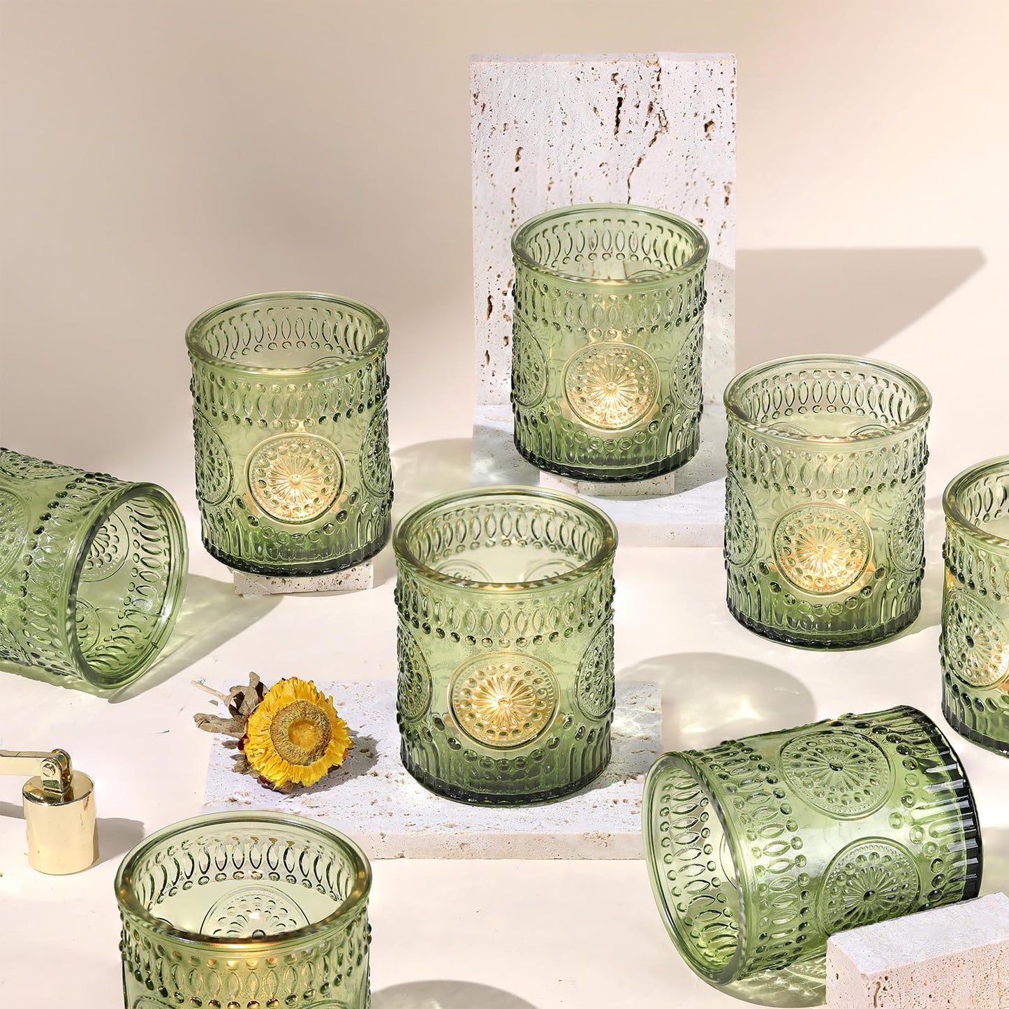 DEVI 8oz Empty Green Embossed Glass Candle Jars for Making Candles Set of 8, Bulk Empty Candle Containers, Glass Tins Making Supplies for Gifts, Wedding Decorations