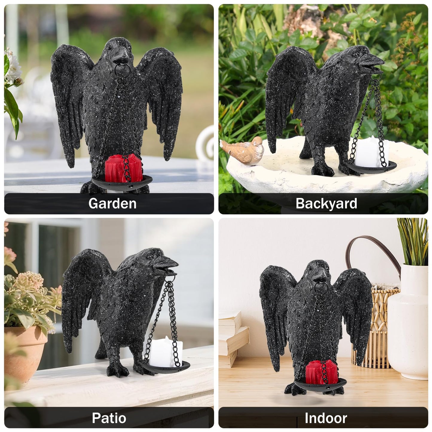 Halloween Decorations Spread Wings Raven Candle Holder Outdoor Garden Statue for Patio Decor Gothic Home Decor Black Stone