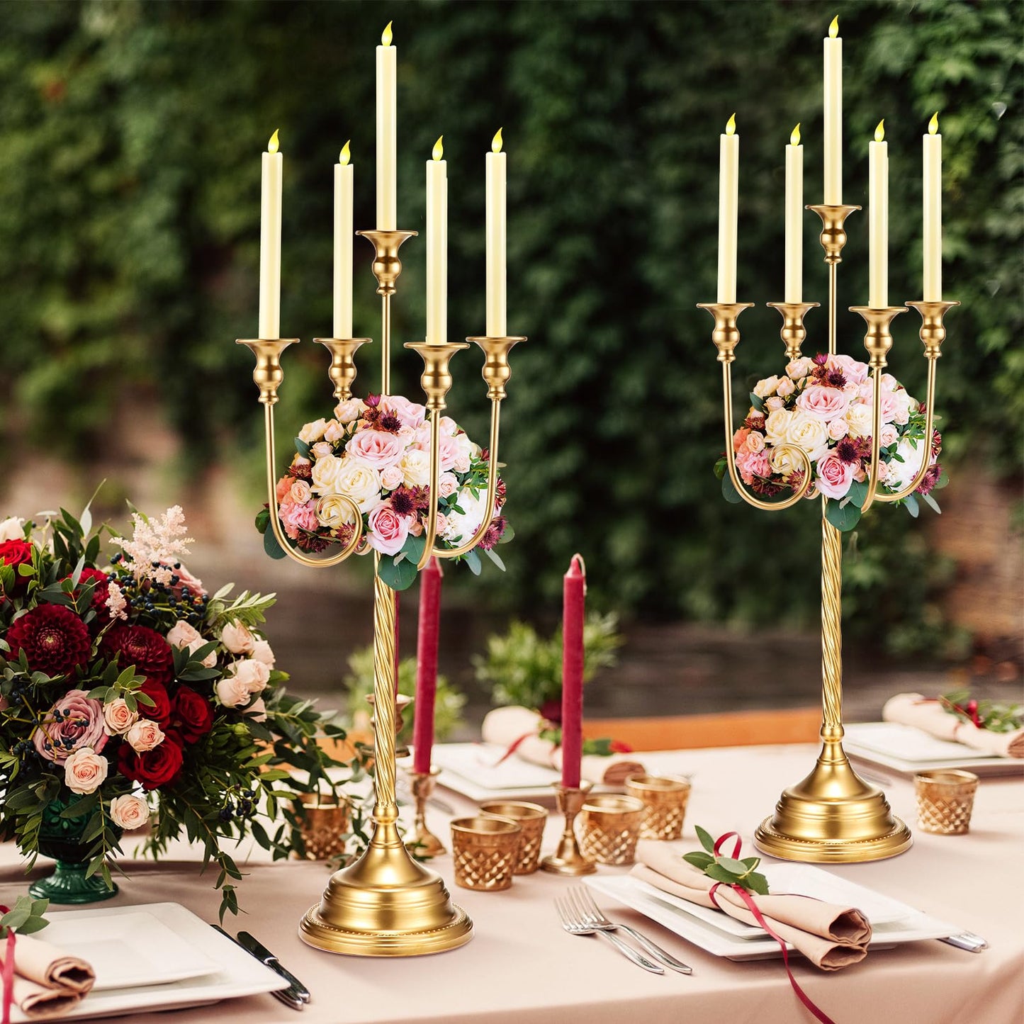 Rtteri 6 Pcs Gold Candelabra Candlestick Holder Metal Candle Stand Candelabra for Taper Candles Table Centerpieces Wedding Christmas Holiday Birthday Party (12.2 x 12.2 x 26.4 Inch,5 Arm)