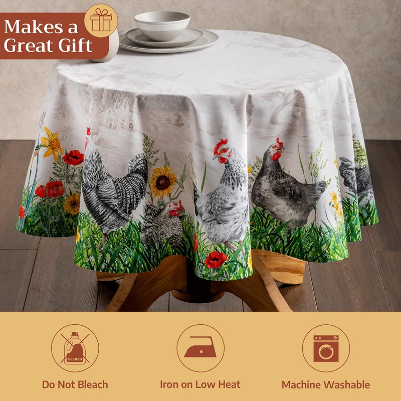 Maison d' Hermine Table Cloth Round Table 100% Cotton 69 Round Inches Tablecloth Reusable Decorative for Dining Kitchen Room Farmhouse Home Gifts for Mothers Day Spring Summer - Basse Cour