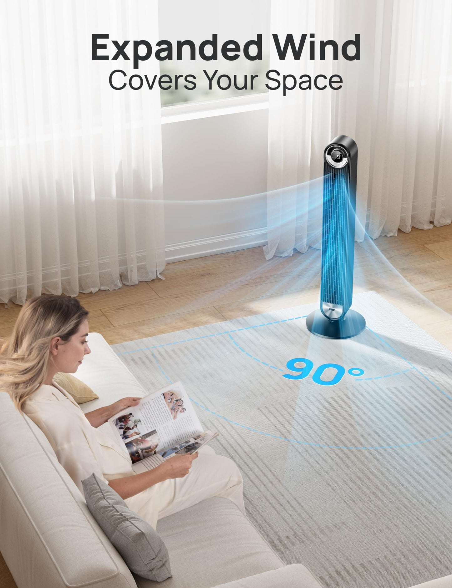 DREO Smart Tower Fans for Home, 90° Oscillating Fan Bedroom Indoors, Voice Control Floor with 12H Timer, 42 Inch Quiet Bladeless Standing LED Display, 9 Speeds, Work Alexa/Google