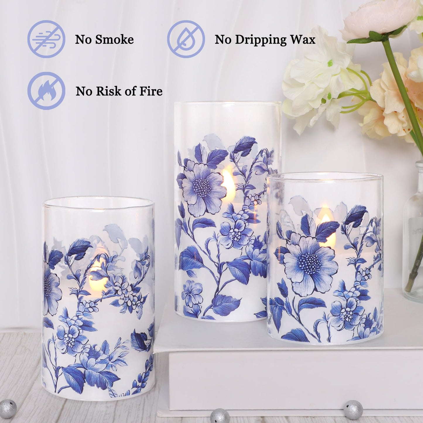 Impress Life Chinoiserie Decor Flameless Candles Blue and White Battery Operated with Remote & Timer Blue White Floral Printed Glass Flickering LED Pillar Candle for Wedding Party Home Table Decor