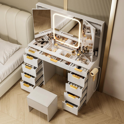 Pamapic 11 Drawers Vanity Desk with Foldable Mirror, Glass Top Makeup Vanity with LED Lights, 3 Lighting Modes, Golden Handles Dressing Table with Chair and Power Outlet