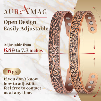 Auramag Copper Bangle for Women, Magnetic Cuff Bangle with 3500 Gauss Magnets, 100% Pure Copper Jewelry with Gift Box(Set of 2)