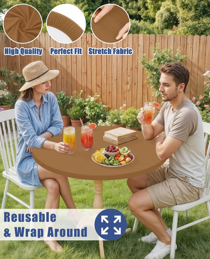 Moosfor Round Spandex Tablecloth, Elastic Fitted Waterproof Tablecloths for 36"-44" Tables, Stretch Washable Picnic Table Cover for Camping, Dining, Indoor and Outdoor,Brown