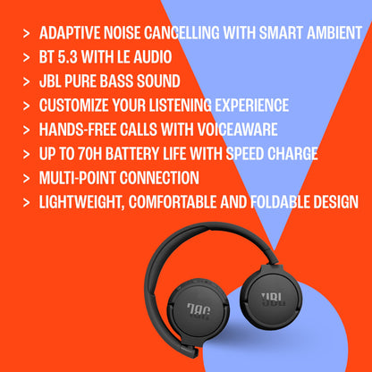 JBL Tune 670NC - Adaptive Noise Cancelling with Smart Ambient Wireless On-Ear Headphones, Up to 70H Battery Life with Speed Charge, Lightweight, Comfortable and Foldable Design (White)