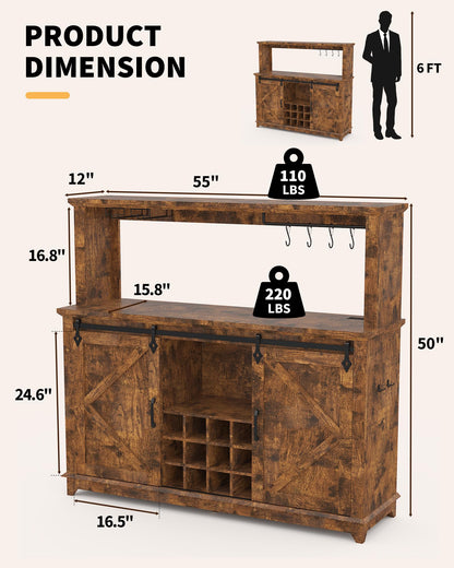Hetoy Farmhouse Coffee Bar Cabinet 55" Tall with Sliding Barn Door, LED Light, Power Outlet – Storage Drawers, 12-Bottle Wine Rack, Ideal Coffee Hutch for Dining Room or Home Bar