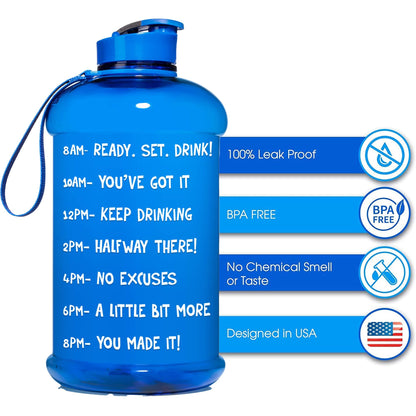 NatureWorks HydroMATE Half Gallon Water Bottle with Times to Drink BPA Free Leak Proof Reusable Jug with Handle 64 oz