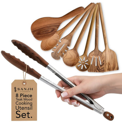 8 Piece Teak Wooden Cooking Spoons Set – Wooden Utensil Set with Spatula Scraper Pasta Spoon Rice Paddle Tongs for Everyday Cooking, Smooth Sanded Finish, Comfortable Grip Handles, Gentle on Cookware