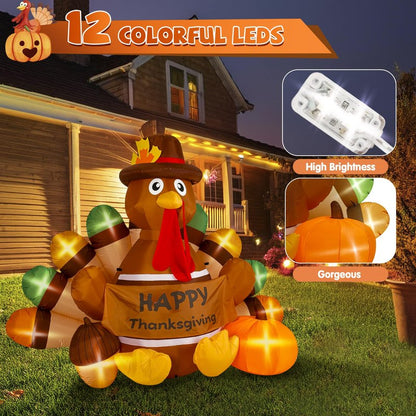 Loninak 6 Ft Thanksgiving Inflatable Decoration, Happy Thanksgiving Turkey Built-in LED Lights, Outdoor Blow Up Yard Fun Decor, for 2025 Halloween Lawn Decor