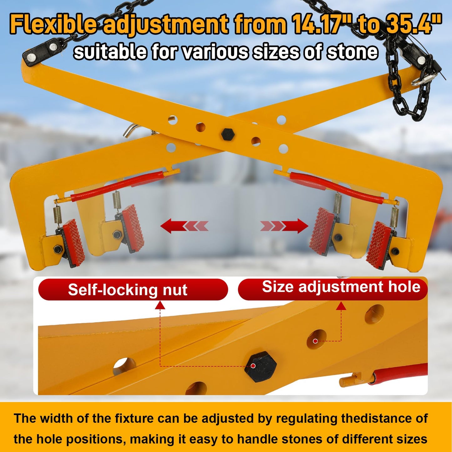 1763 Ibs Heavy-Duty Granite Slab Lifting Clamp, Anti-slip Stone Block Lifter Clamp, Adjustable 14“ -35” Opening - Ideal Vertical Transport Tool for Granite, Concrete, Marble, and Slate