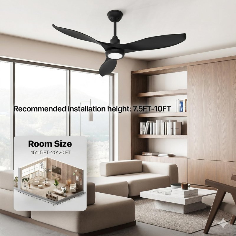 Ensenior 52 Inch Smart Ceiling Fans with Lights and Remote, Control via Alexa Google Voice App, 3000K-6000K Dimmable LED 6-Speed Reversible DC Motor Black Ceiling Fan for Bedroom Living Room, 3 Blades