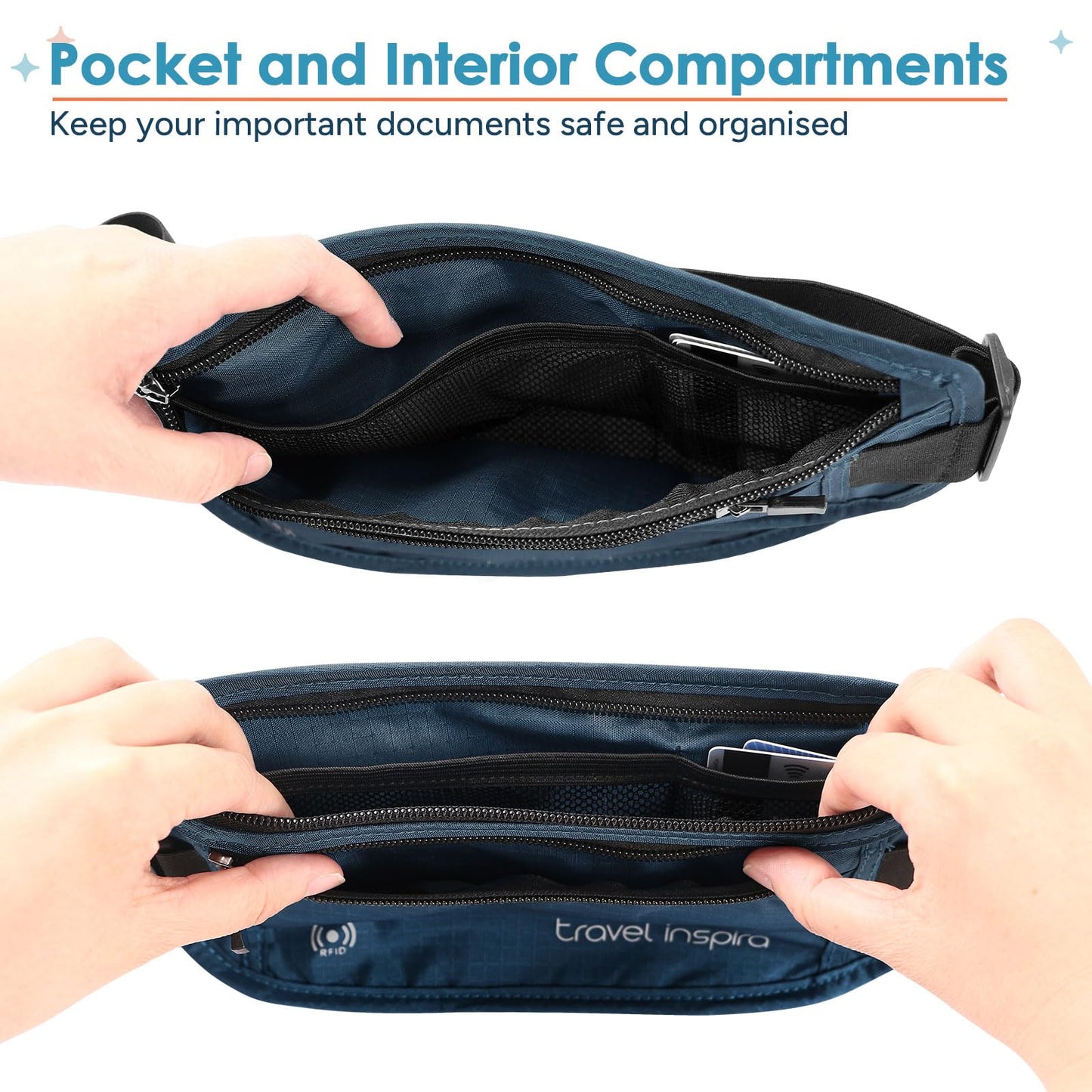 travel inspira Travel Money Belt with Slim Anti-Theft RFID Blocking Passport Holder for Travel Concealed under Clothes for Ultimate Protection of Credit Cards, Cash, Passport & Documents, Navy Blue