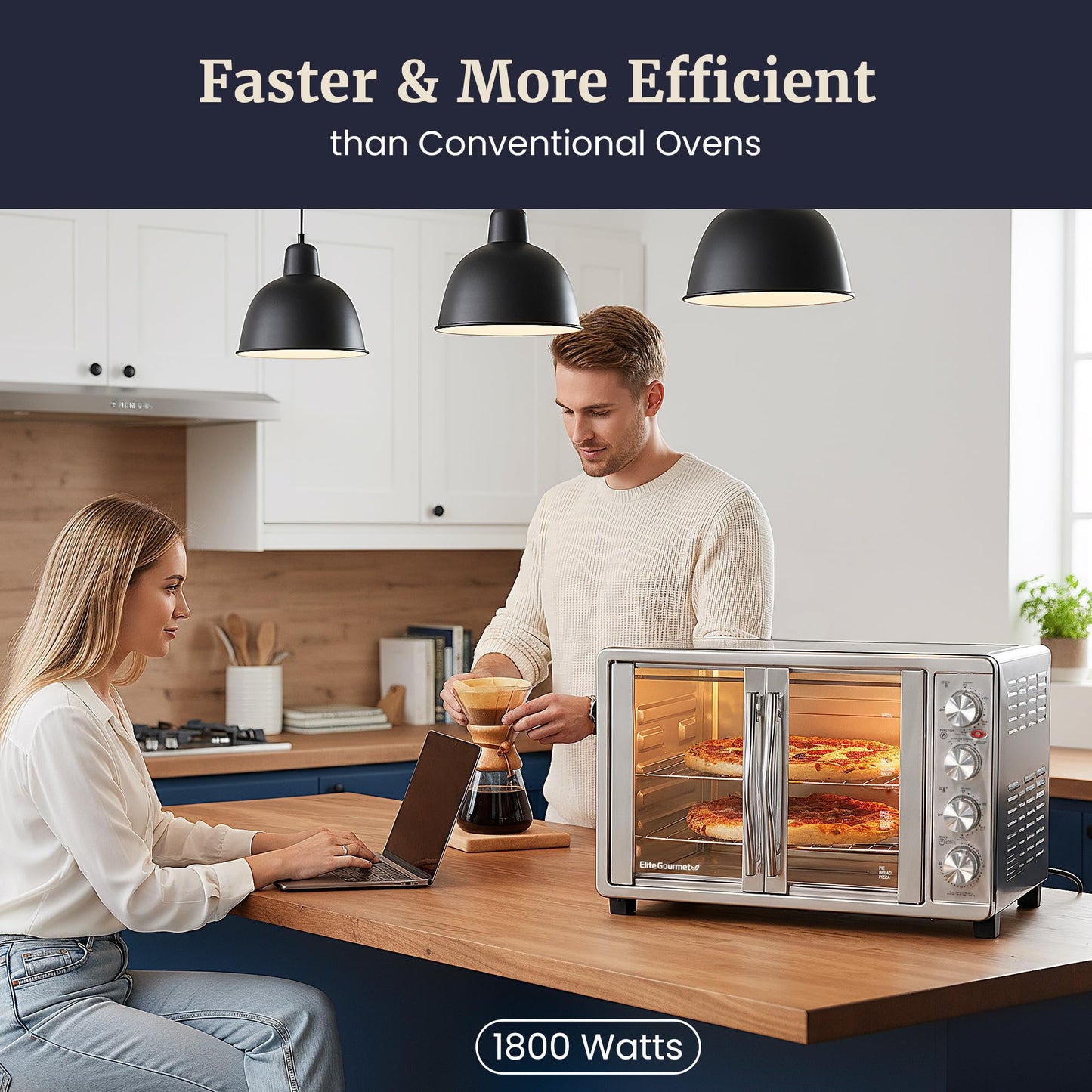Elite Gourmet ETO4510B# French Door 47.5Qt, 18-Slice Convection Oven 4-Control Knobs, Bake Broil Toast Rotisserie Keep Warm, Includes 2 x 12" Pizza Racks, Stainless Steel