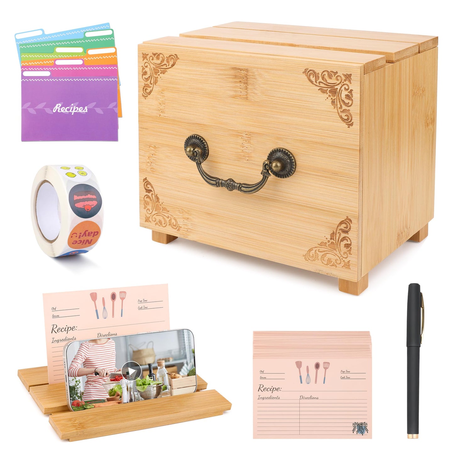 Coitak Wooden Recipe Box With 50 Double Sided 4x6 Recipe Cards, 6 Dividers, 1 Roll Stickers, 1 Pen Removable Recipe Card Holder Organizer