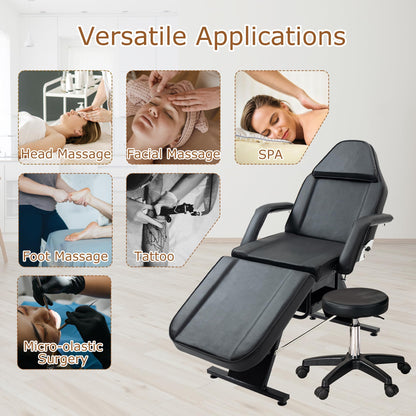 VroomAuto Professional 3-Section Hydraulic Facial Bed & Massage Chair with Stool, Adjustable Esthetician Table for Spa, Tattoo, Beauty Salon, Black