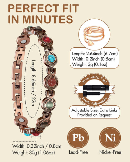 Feraco Pure Copper Bracelets & Rings for Women, Ultra Strength Magnetic Bracelet with 3800 Gauss Magnets & Natural Turquoise & Stones, Adjustable, Jewelry Gift (Circular)
