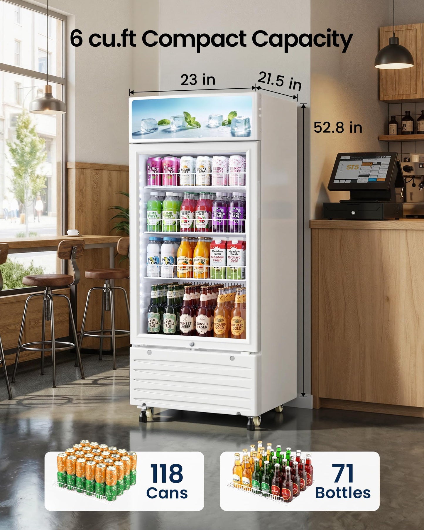 ICEVIVAL Commercial Beverage Refrigerator, 5.8 cu.ft Glass Door Drink Cooler with LED Lightbox & Lock, 32-50℉ Adjustable Temperature, ETL Certified Display Fridge for Bar, Restaurant & Shop