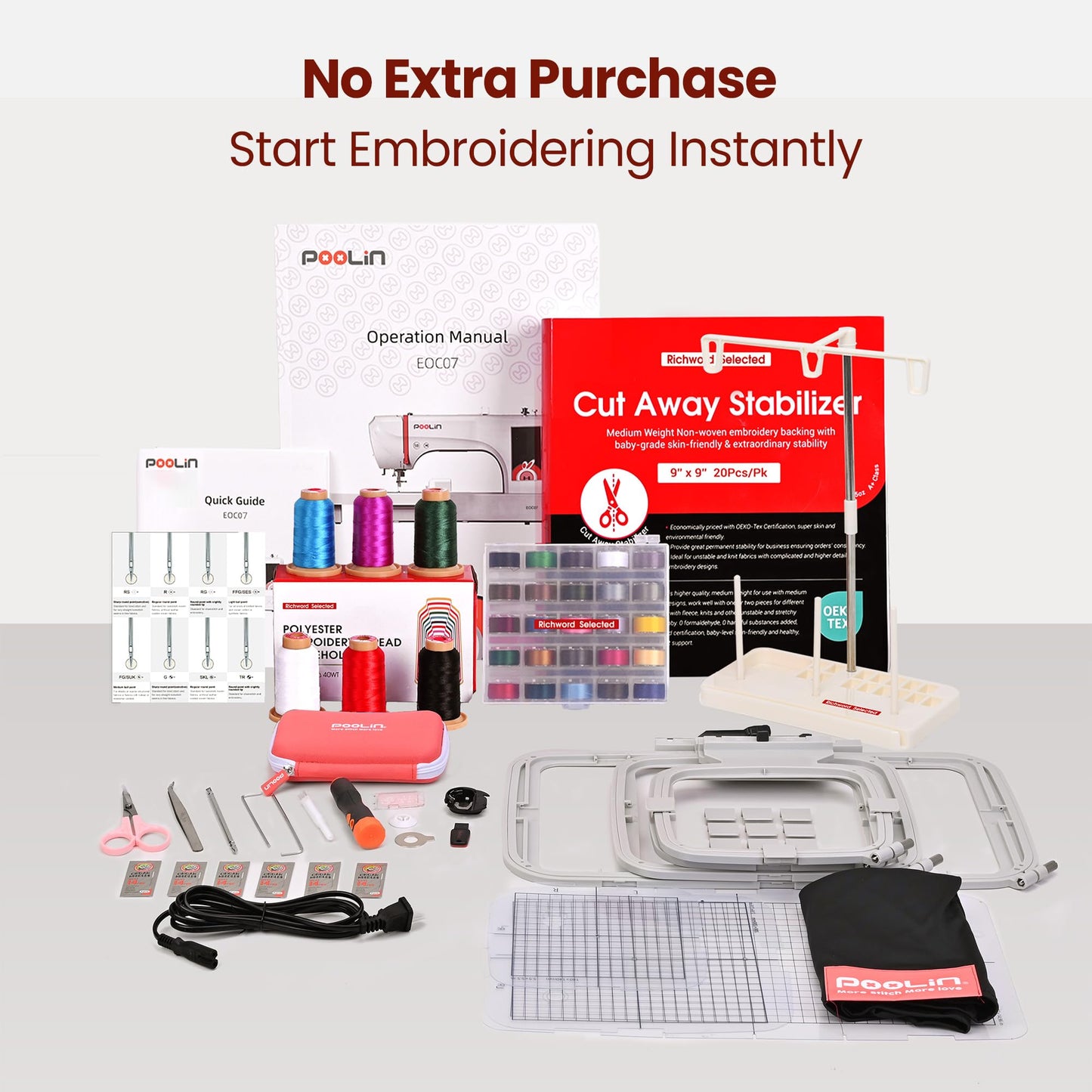 Poolin EOC07 Embroidery Machine Bundle with 60 Color 800m Polyester Thread, Built on Standard Accessories, 7.9x15 Large Embroidery Area