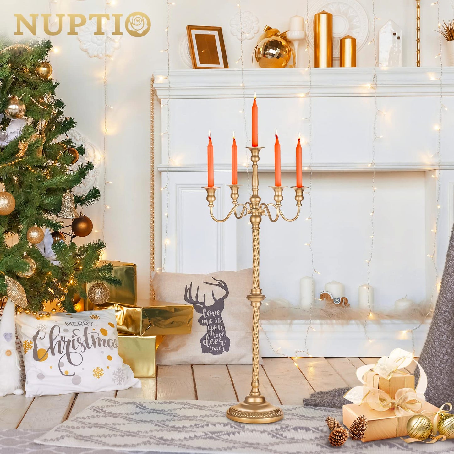 Nuptio Tall Gold Candelabras 34 Inch Candle Stick Holders Set of 2 Floor Candle Stand Taper Candle Holders for Classic Wedding Mantal Christmas Halloween Easter Home Table Centerpiece Decoration