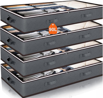 90L Under Bed Storage Containers by [Brand Name] - Foldable Organizers for Blankets, Towels & More | Grey, 4 Pack