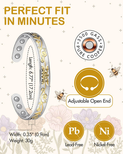 Feraco Copper Bracelet for Women, Ultra Strength Magnetic Bracelets, 99.99% Pure Copper Cuff Bangle with 3500 Gauss Neodymium Magnets, Adjustable (Silver & Gold)