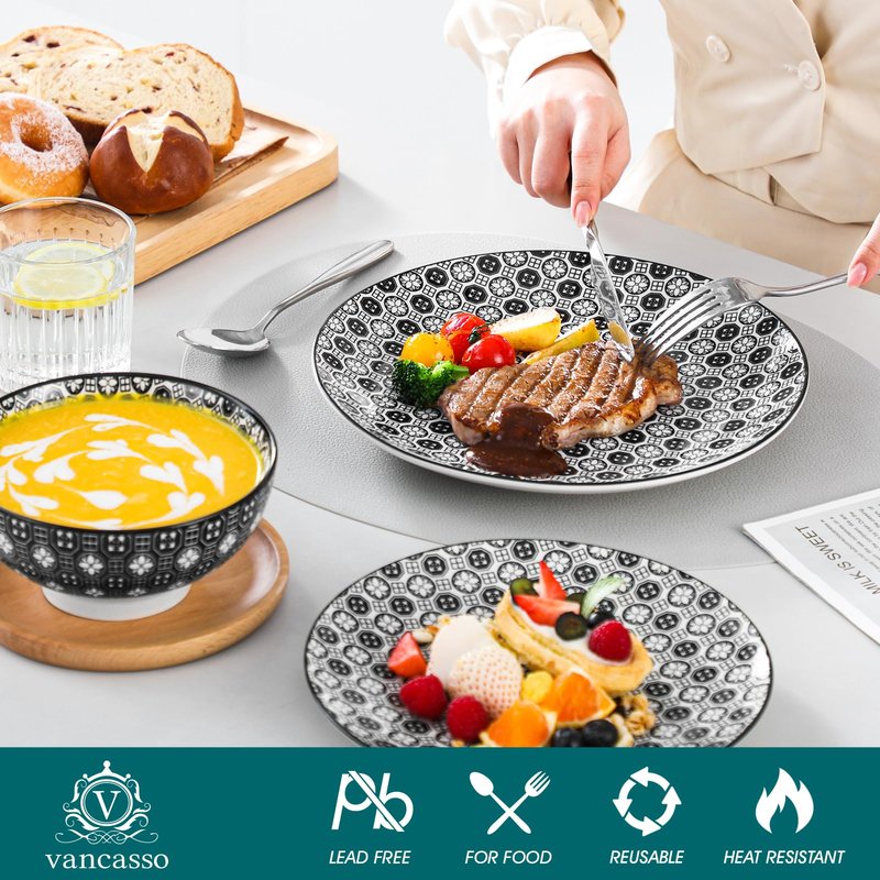 vancasso Haruka 12 Pieces Plates and Bowls Set, Ceramic Dinnerware Sets for 4, Black and White Porcelain Dishes Set