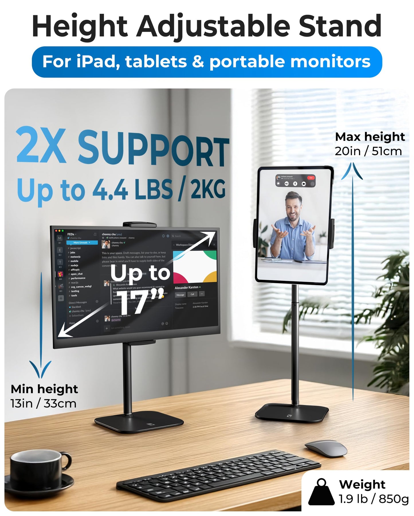 COOPER TabStand Height Adjustable iPad Stand for Desk, Heavy-Duty 7-17" Tablet Holder & Portable Monitor Stand | 4.4lb Holding Strength | iPad Holder for Pro, Air, Mini, Kindle (Night Black)