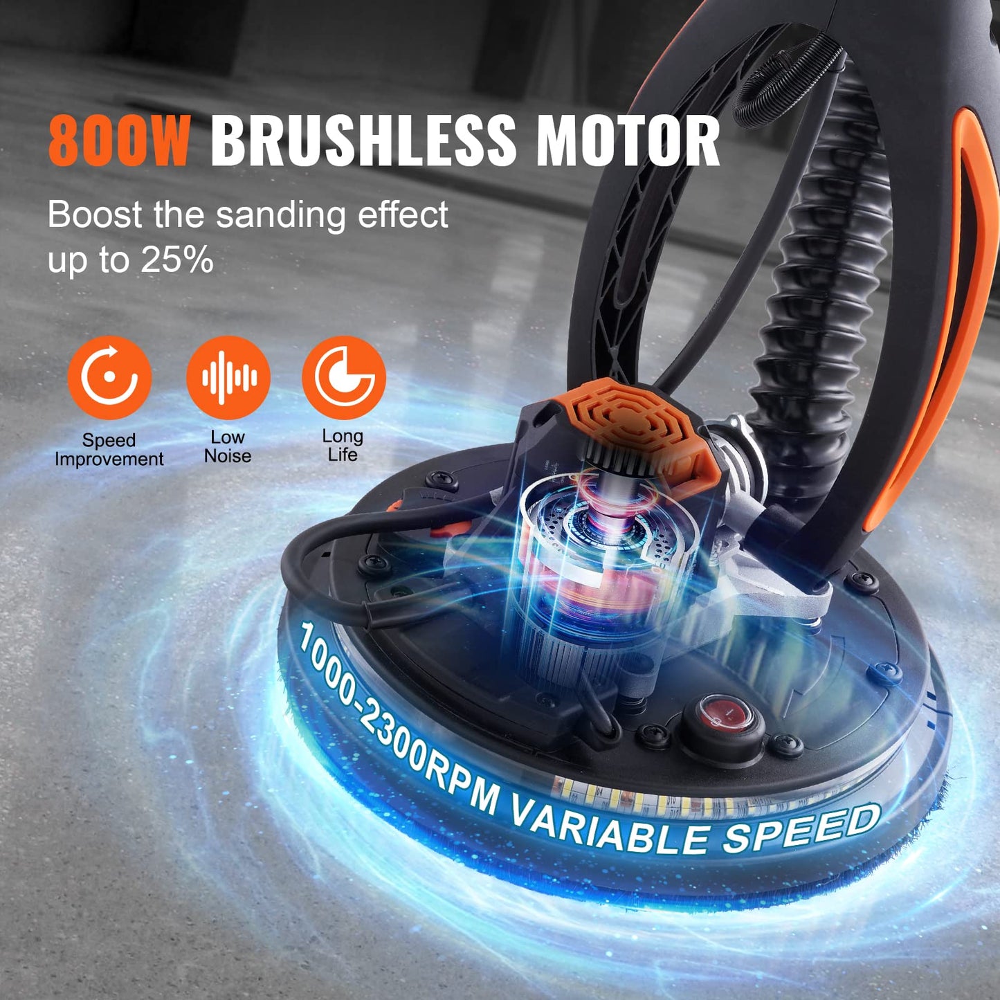 VEVOR Drywall Sander, 800W Brushless Motor Electric Sander, Variable Speed 1000-2300 RPM, Foldable Ceiling Sander with Double-Deck LED Lights, Extendable Handle, 12 Sanding Discs