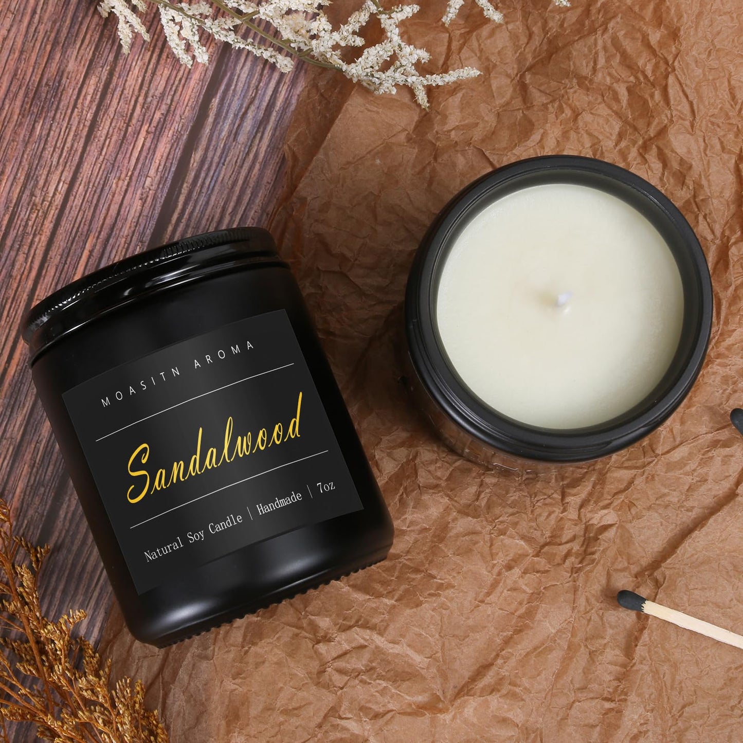 MOASITN Sandalwood Scented Candles for Home| Leather,Sandalwood,Amber Scented Soy Candle| Handmade Longlasting Aromatherapy Candle| Jar Candel Gift for Women,Men for Spring,Birthday,Relaxing|7oz